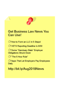 Pic of Post It Note with duplicate text as post about August Business Law Newsletter