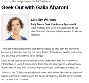 A screenshot of https://www.bellydancegeek.com/2018/08/geek-out-galia/ that has a picture of Galia Aharoni of ABL and information about how to register for the Belly Dance Geek Clubhouse